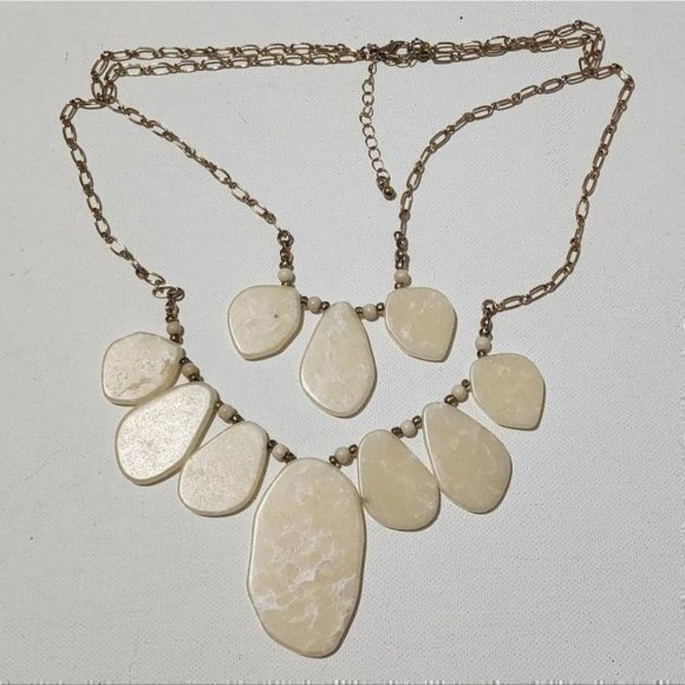 Treska Cream Marbled Faux Stone Double Layer Statement Bib Necklace Gold Chain